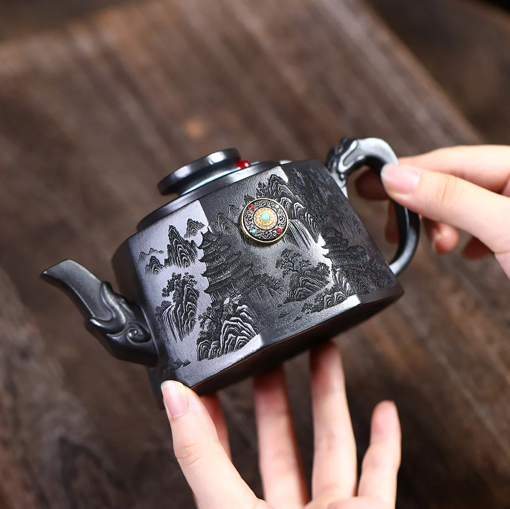 Yixing Stone Yellow Clay Landscape Octagon Teapot - Image 5